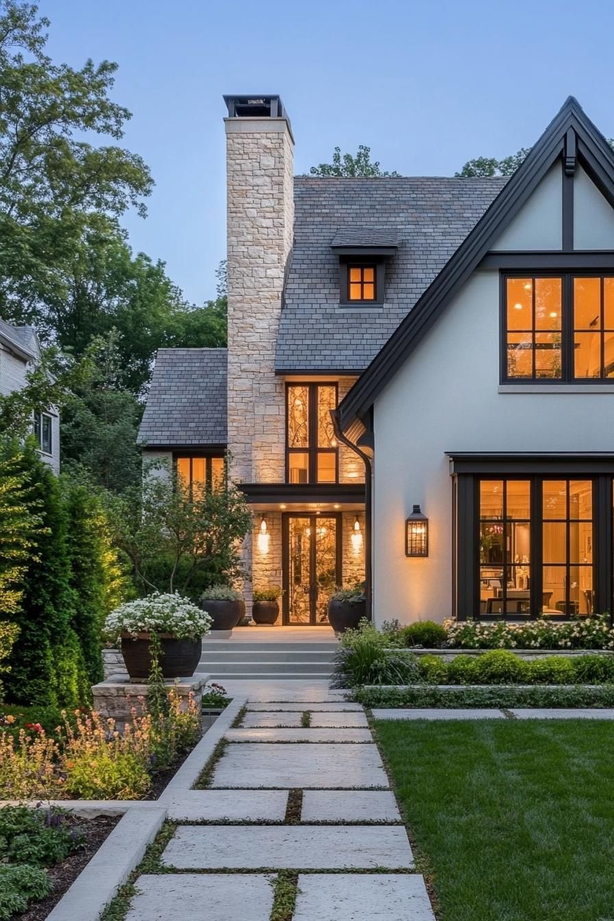 modern european cottage house with left side white stucco siding right side stone mosaic siding roof with multiple pitches and gables and a stone 1