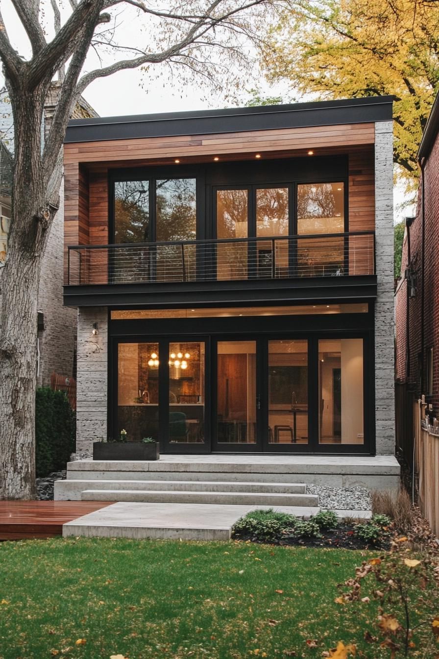 Two-story house with wooden upper facade and glass windows