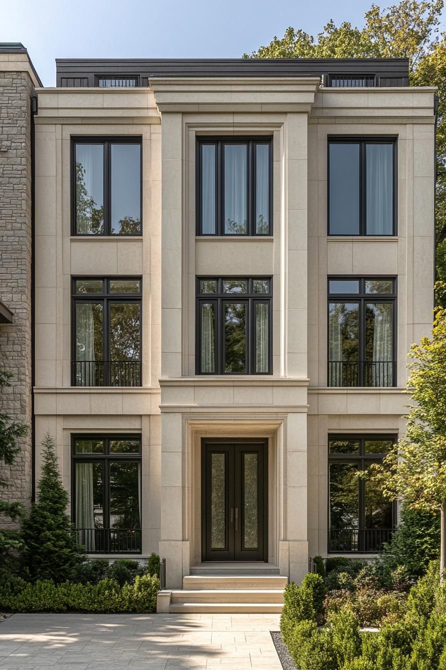 Three-story beige townhouse with large windows and a central entrance