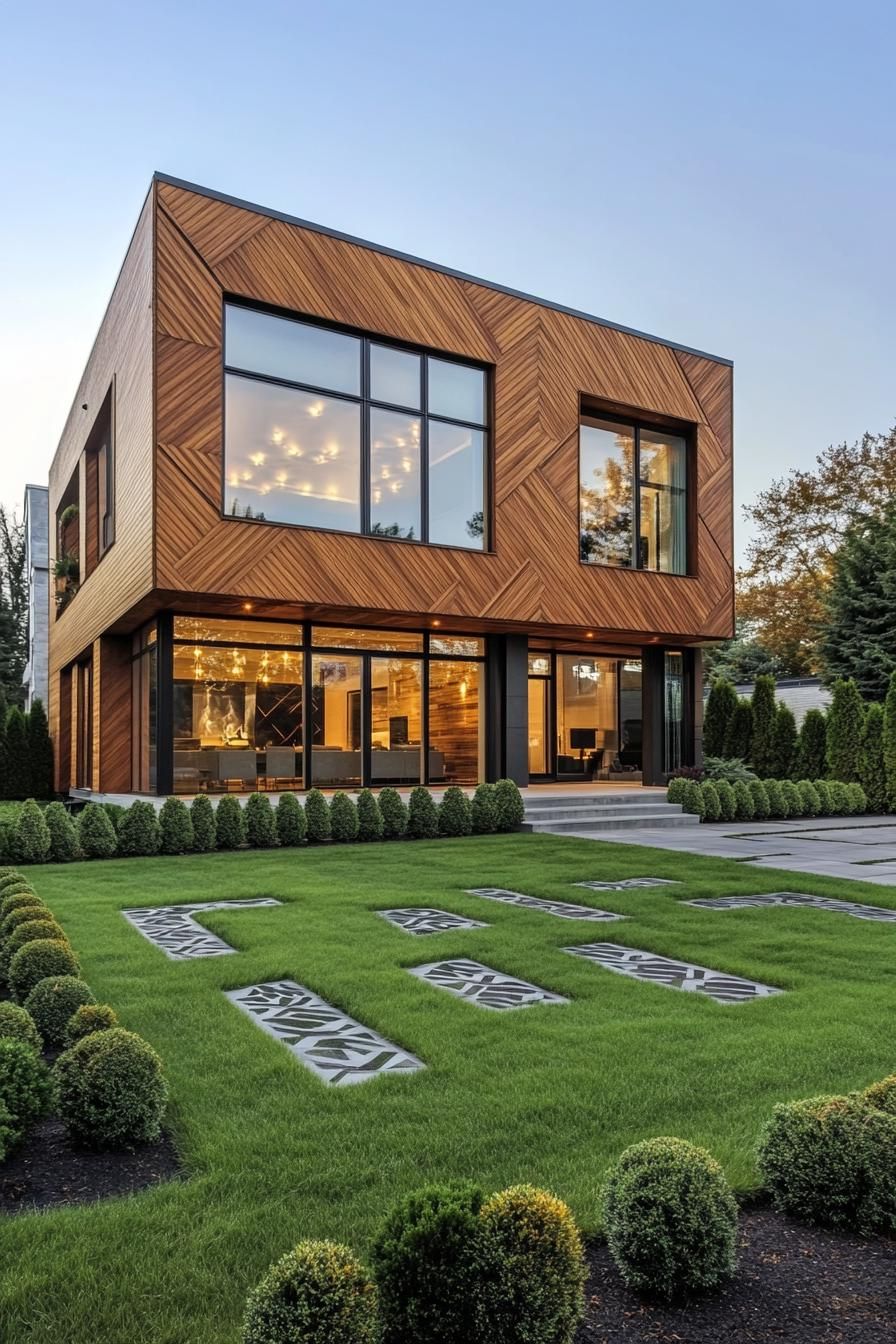 contemporary house geometric facade in all wood siding with pattern slatting large windows landscaping with geometric shrubs and lawn no roof 3