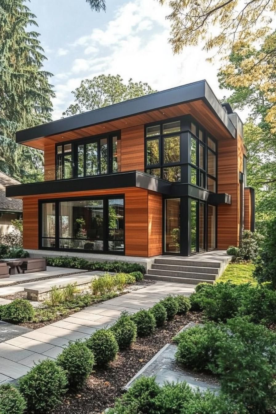 modern house with multi shade timber cladding large modern windows with black trim paved yard with geometric shrubs 3