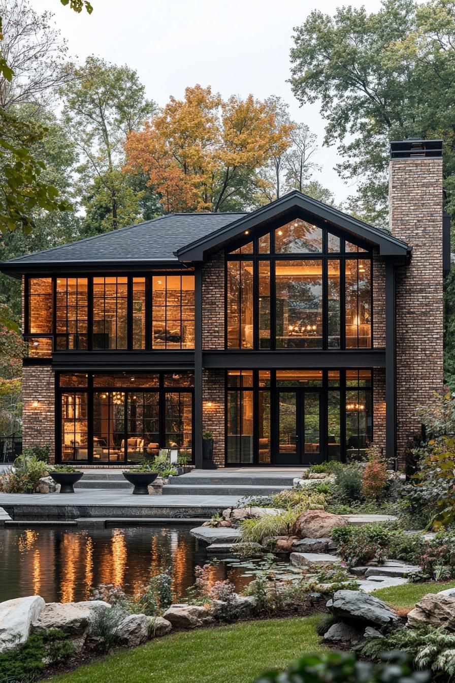 Modern brick house with large glass windows surrounded by lush greenery