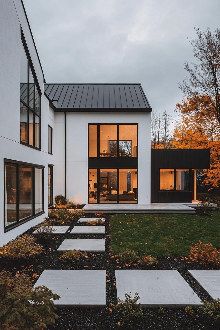 Contemporary house with large windows and autumn foliage