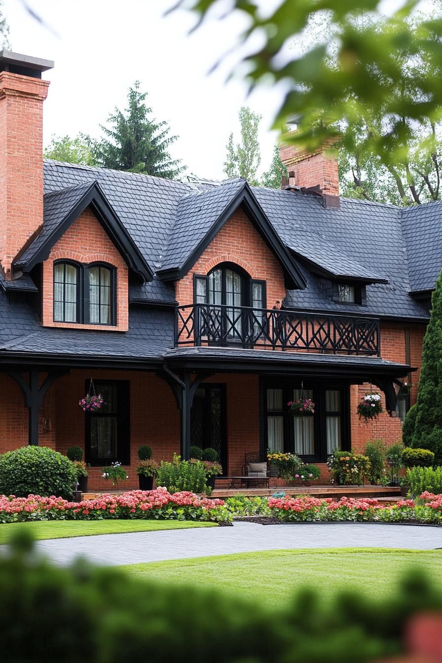 village house with brick and stucco mixed facade large porch and balcony gabled multi pitch black shingle roof modern windows large paved front 1