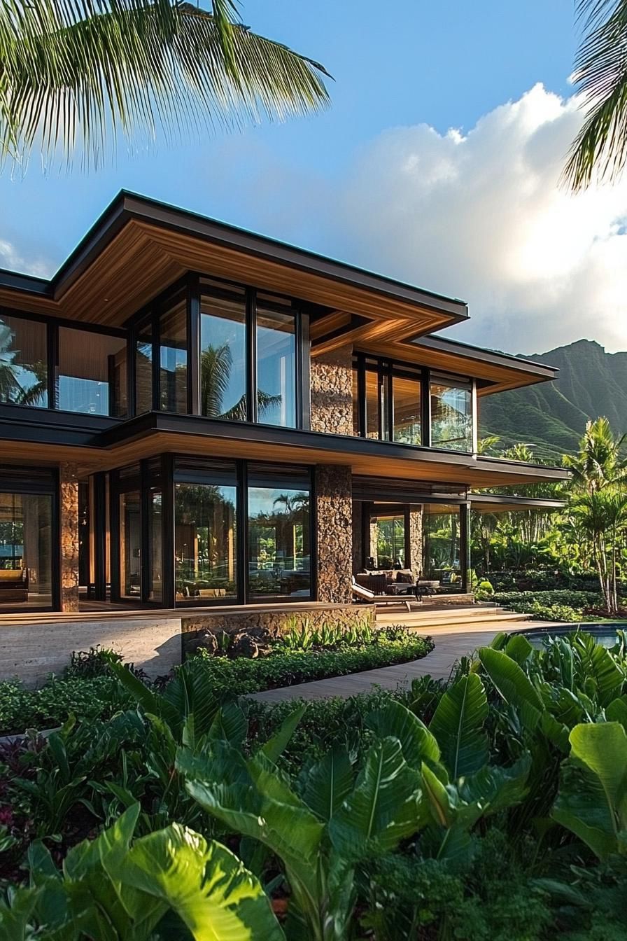 Modern tropical villa with large glass windows amidst lush greenery