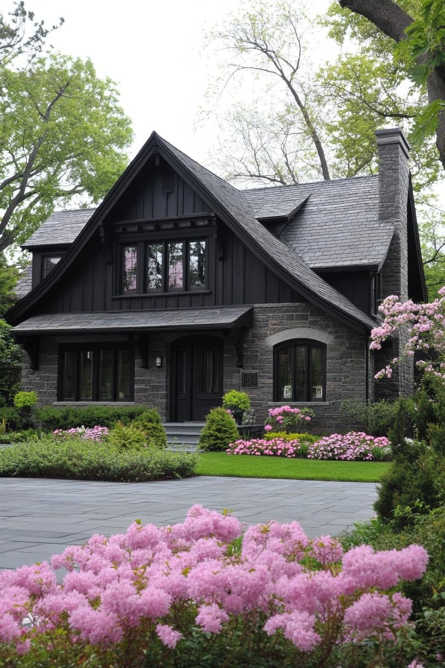 european cottage house with dark reclaimed wood siding multi pitched grey stone tile roof front yard paved with slate tile geometric shrubs with 1