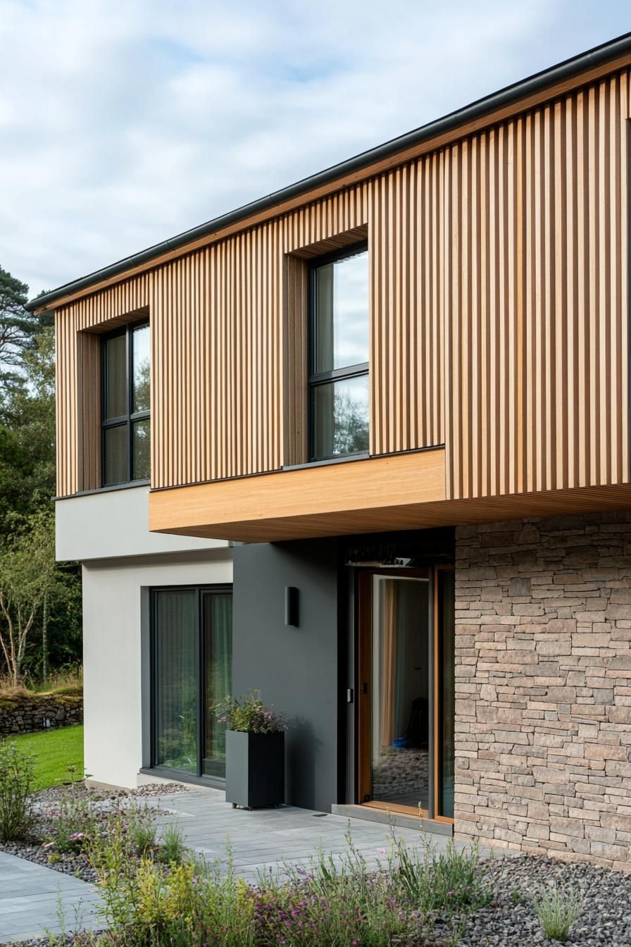 modern house facade with timber gladding and vertical wood slat panels