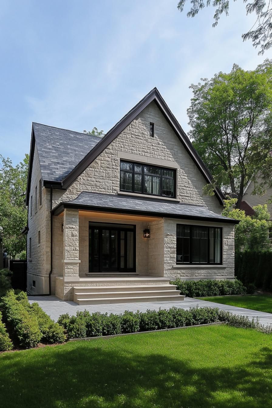 Stone-front suburban house with manicured lawn