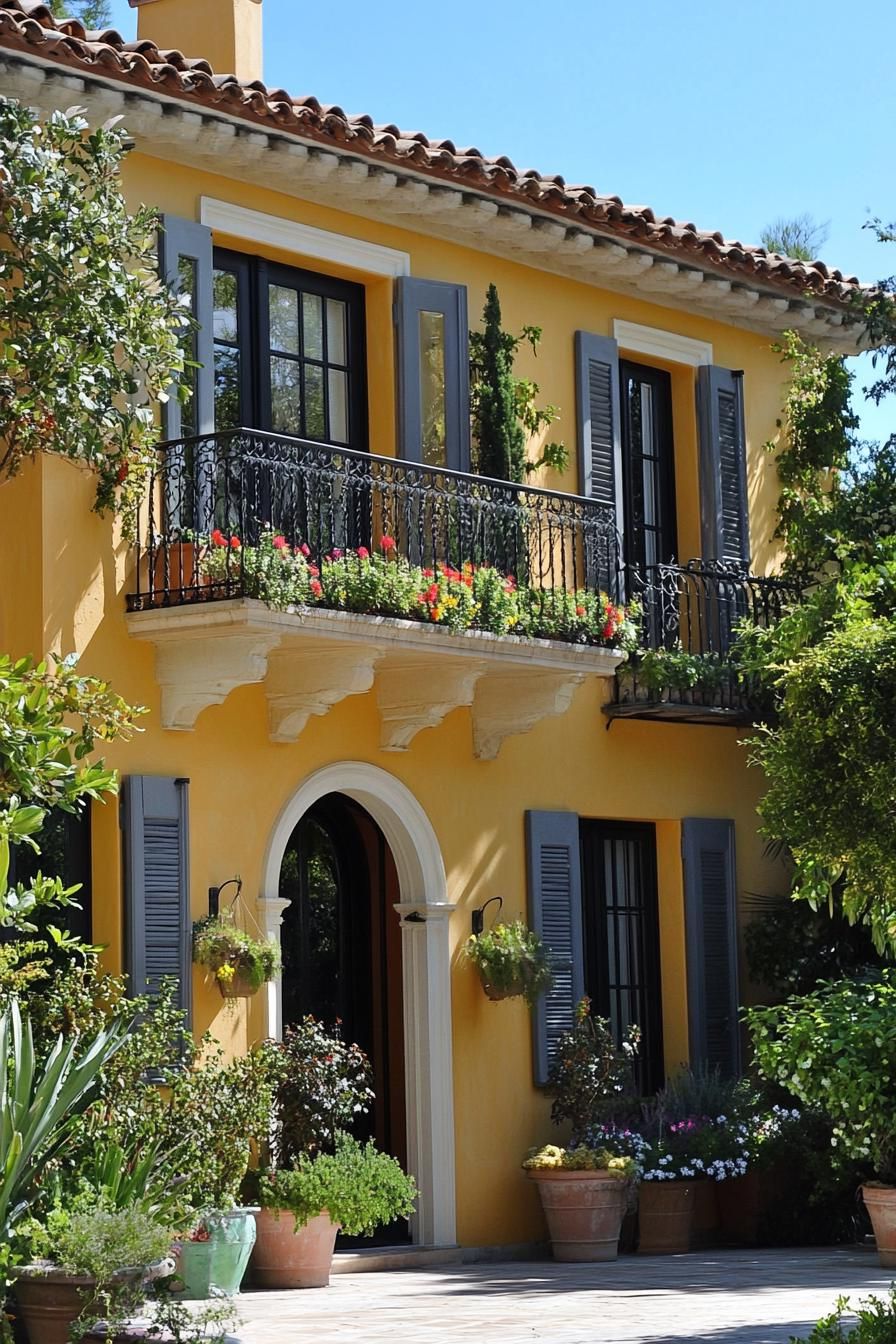 italian villa in yellow stucco siding and barrel tile roof three stories iron balcony windows with grey shutters front patio with potted plants 1