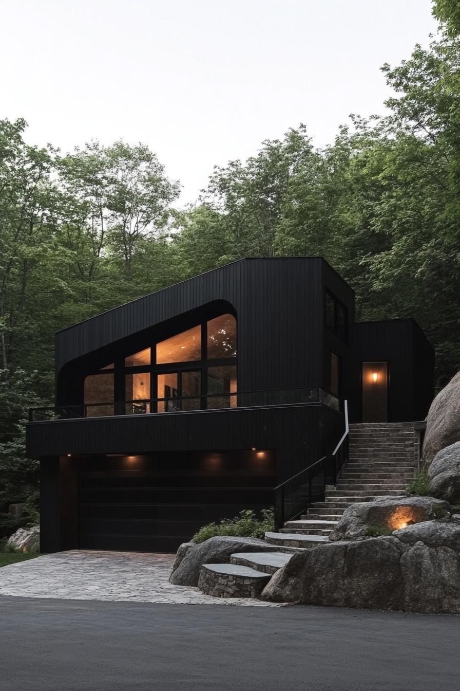 split level contemporary house in black facade and butterfly roof garage and stone paved driveway stairs with rails lead to upper floors on a