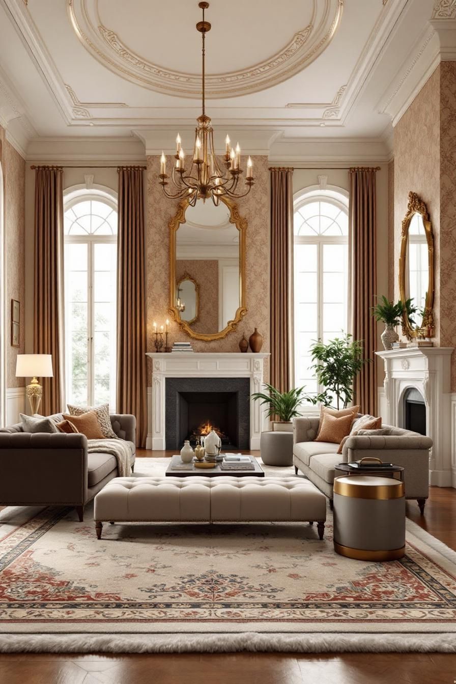 Colonial living room with fireplace, chandeliers, and arched windows