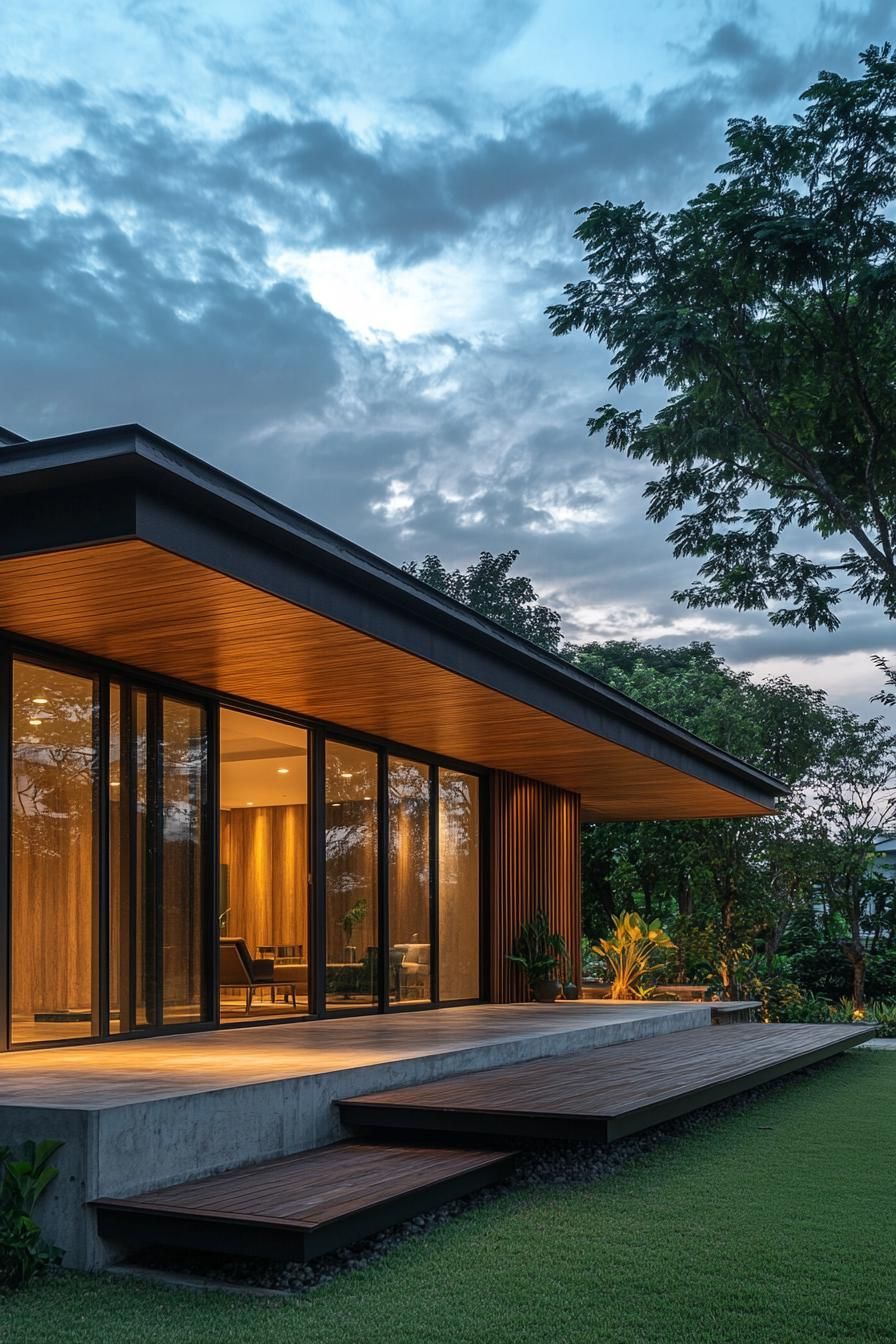 Modern Thai house with glass facade at dusk