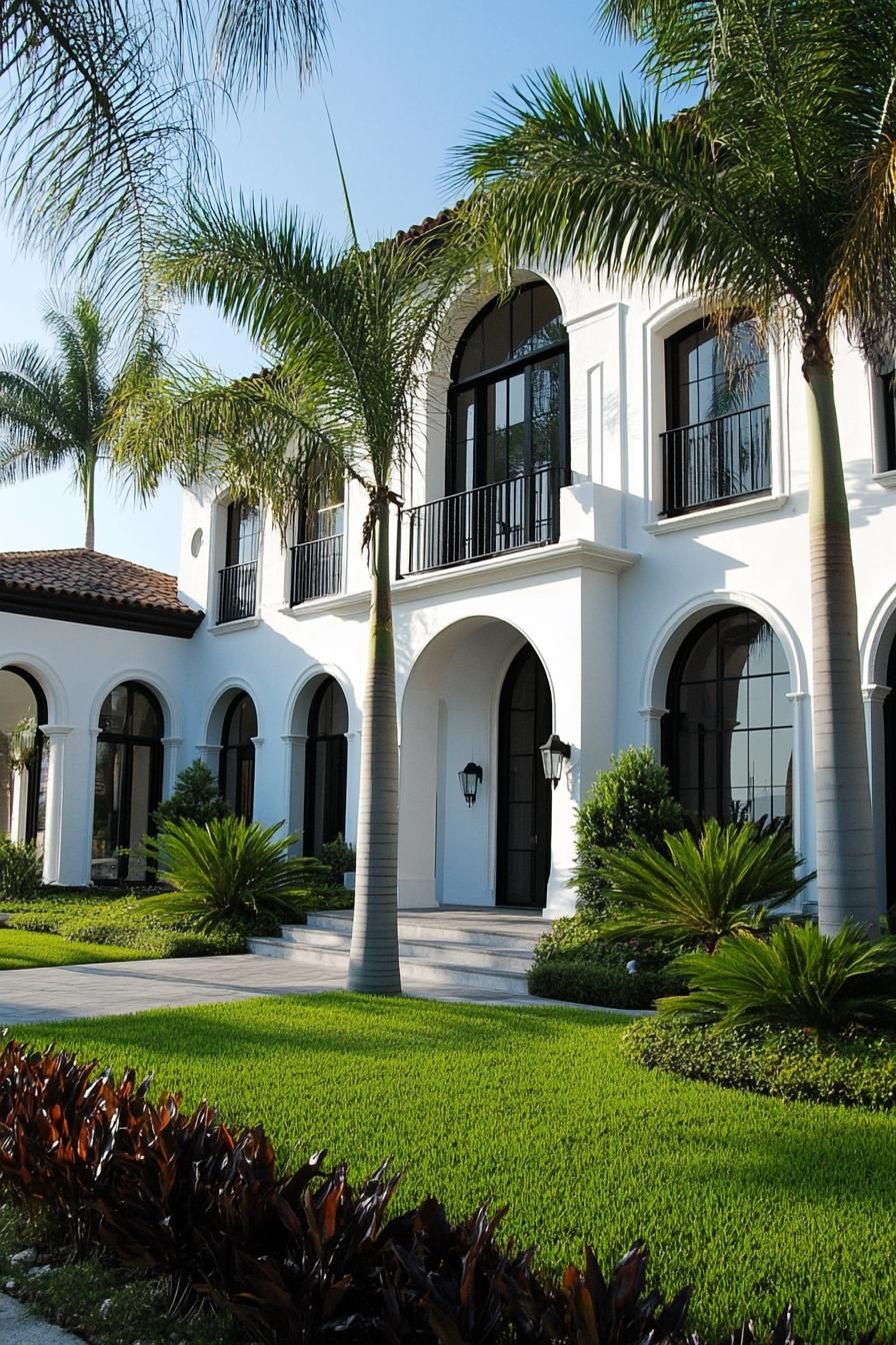 modern white spanish house facade with arches arched modern windows in black trim front yard with green lawn tall palms 3