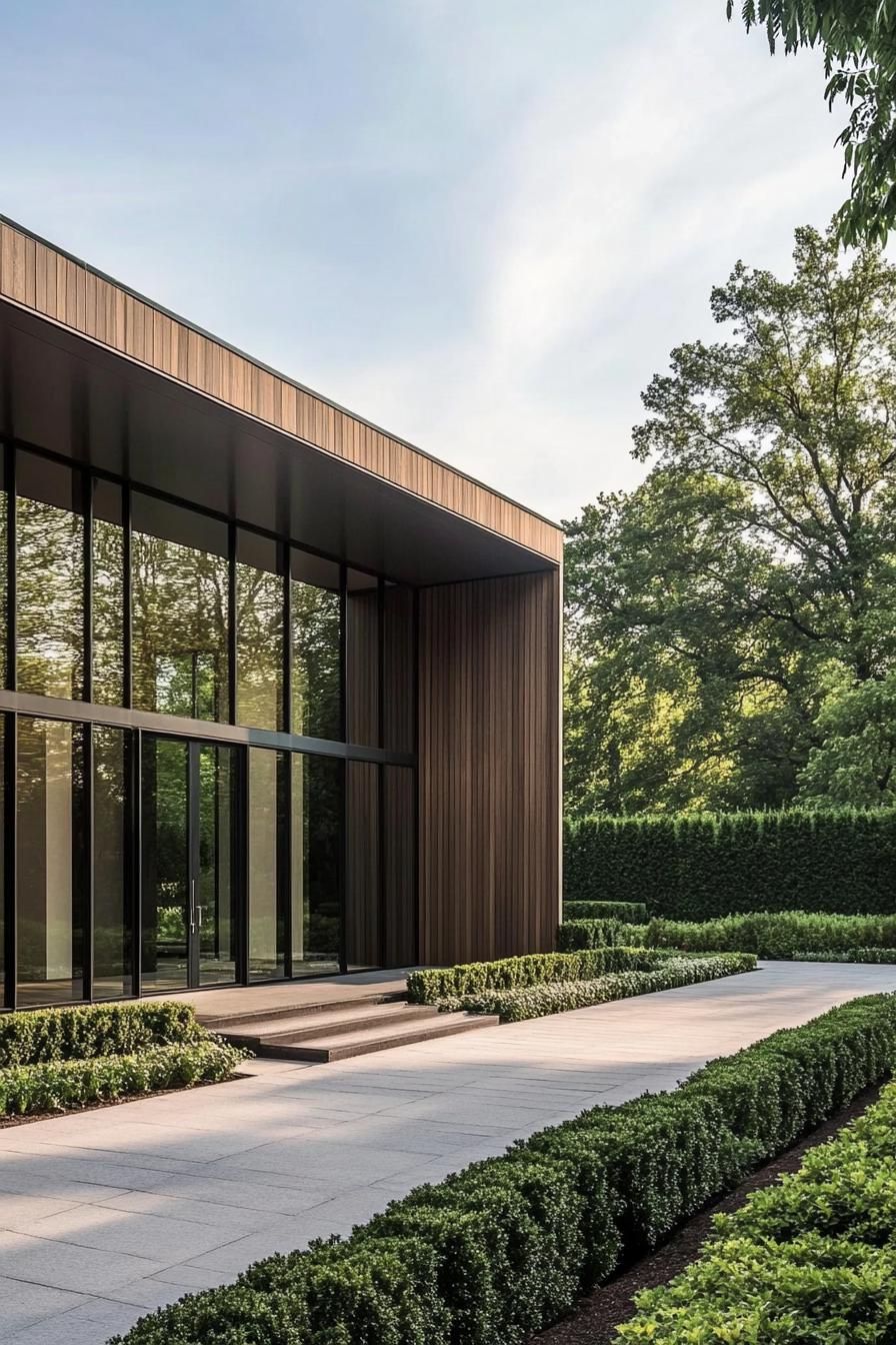 Wooden facade of a modern building with large glass windows, surrounded by lush greenery