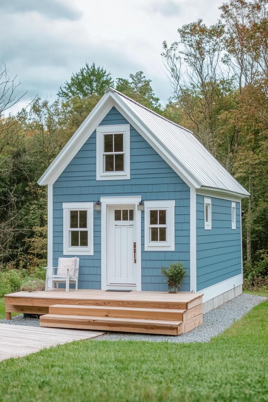 Cozy blue shed house with a porch