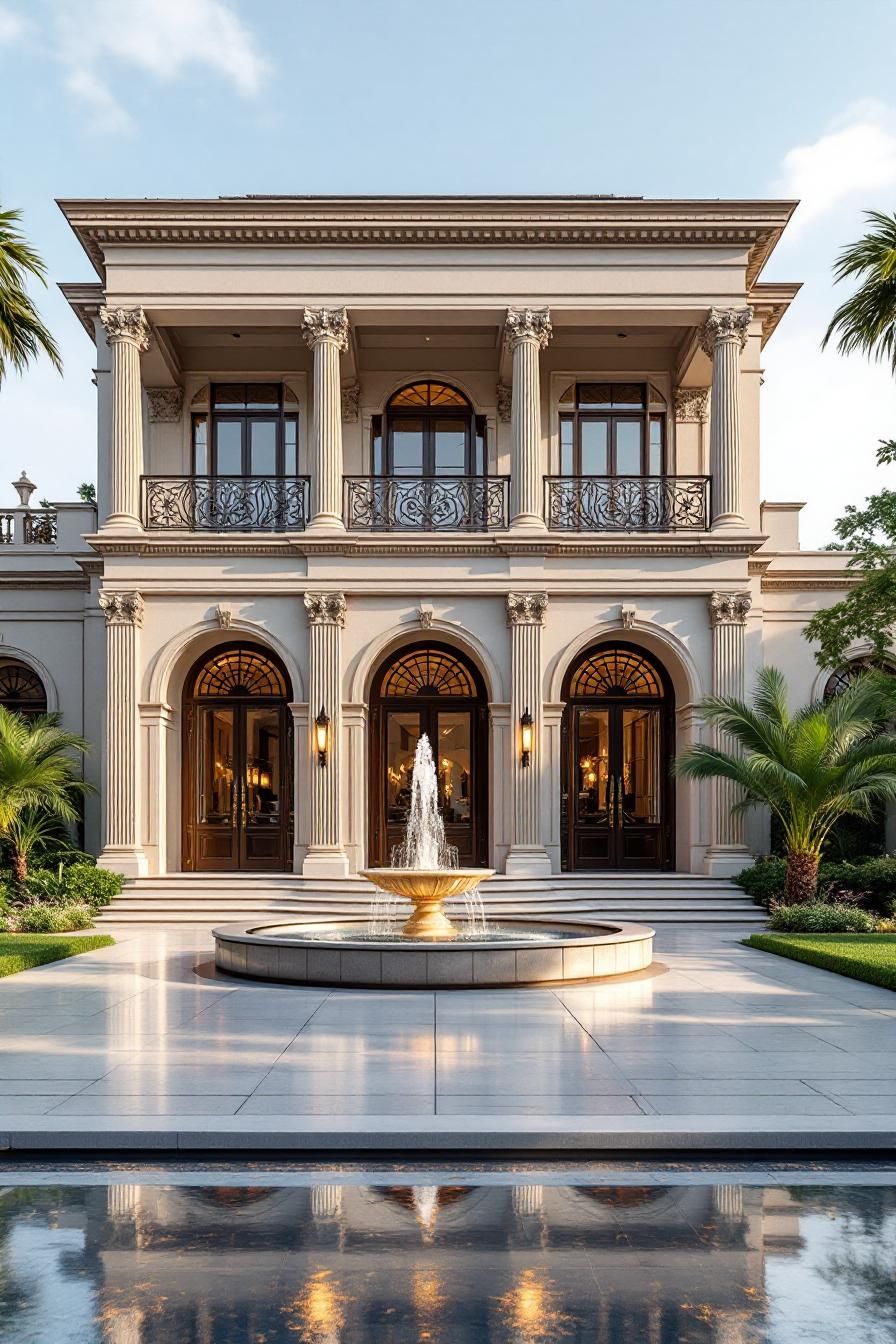 Elegant two-story mansion with tall columns and central fountain