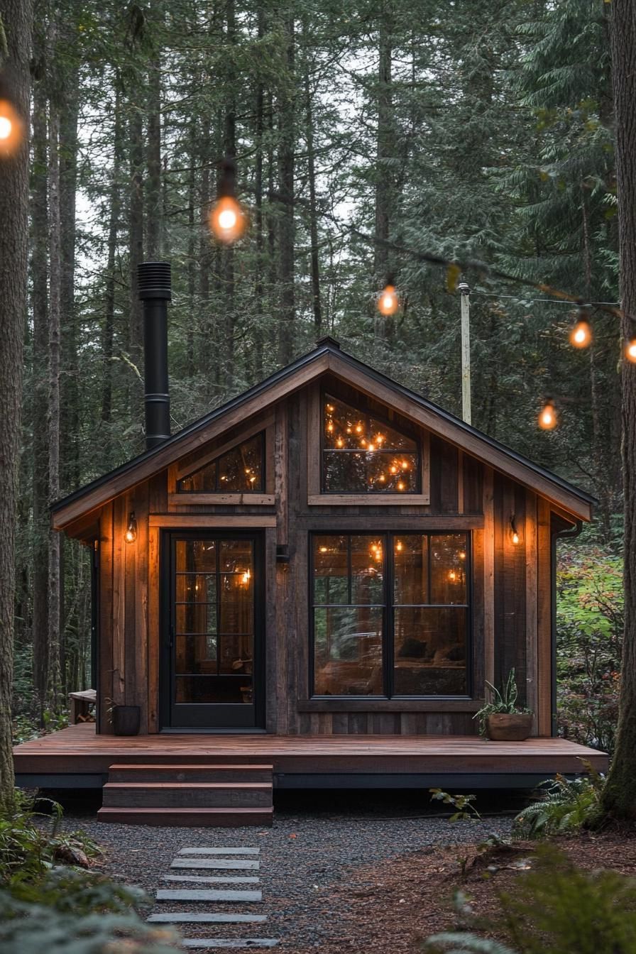 Cozy cabin nestled in a forest with glowing string lights