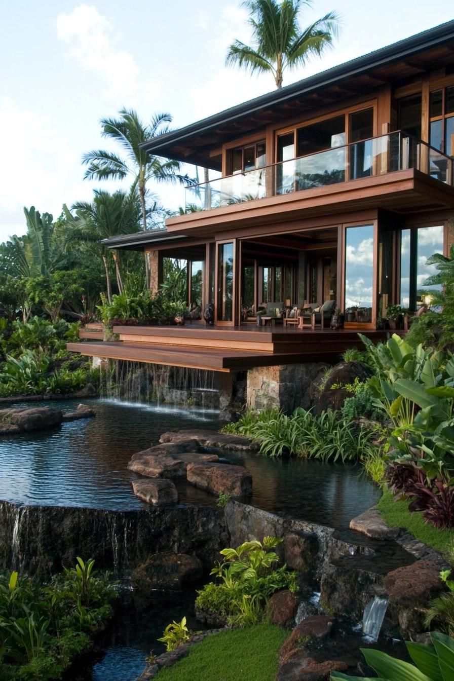 Tropical villa with stunning waterfall and lush greenery