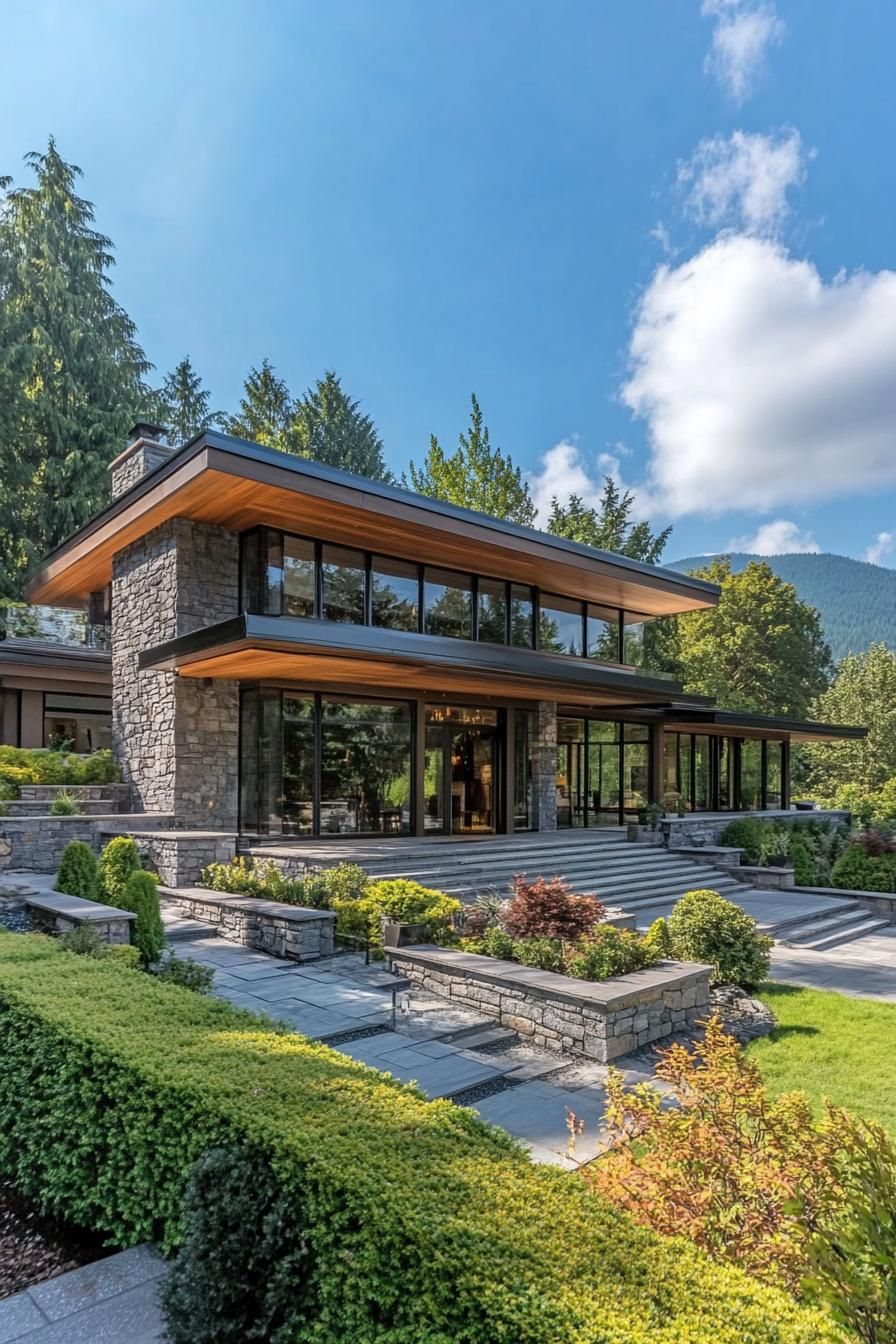 Modern stone house with lush garden