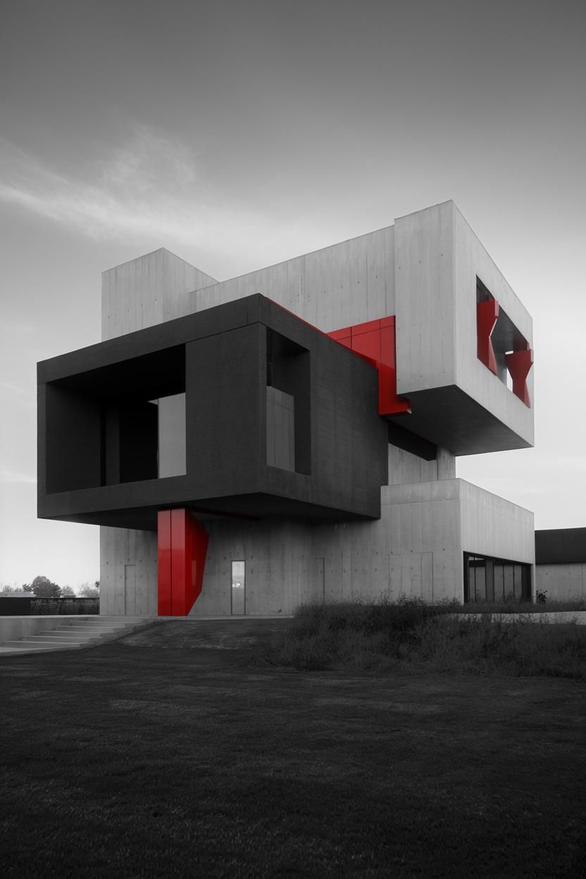 Blocky house with red accents and unique design