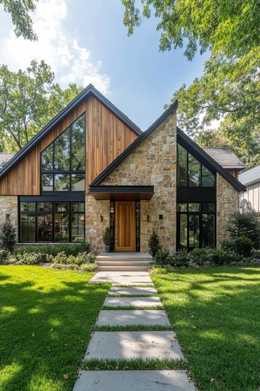 Modern ranch house with stone and wood exterior