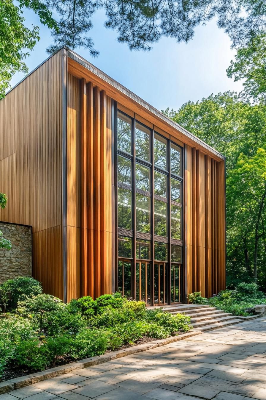 Large windows framed by vertical wooden panels set among lush greenery