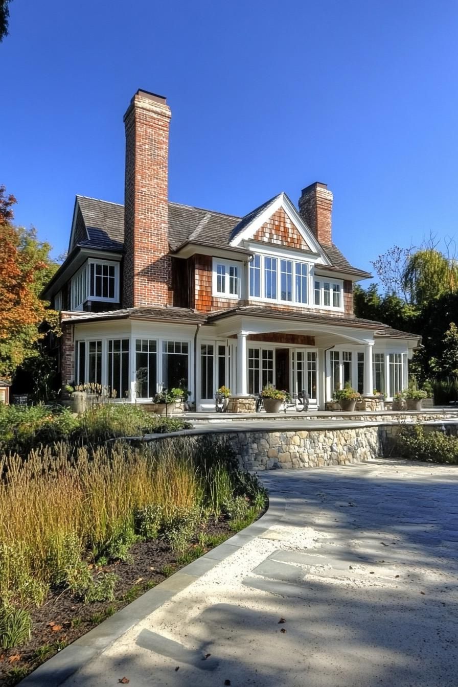 Classic Hamptons-style house with large brick chimneys and stone accents