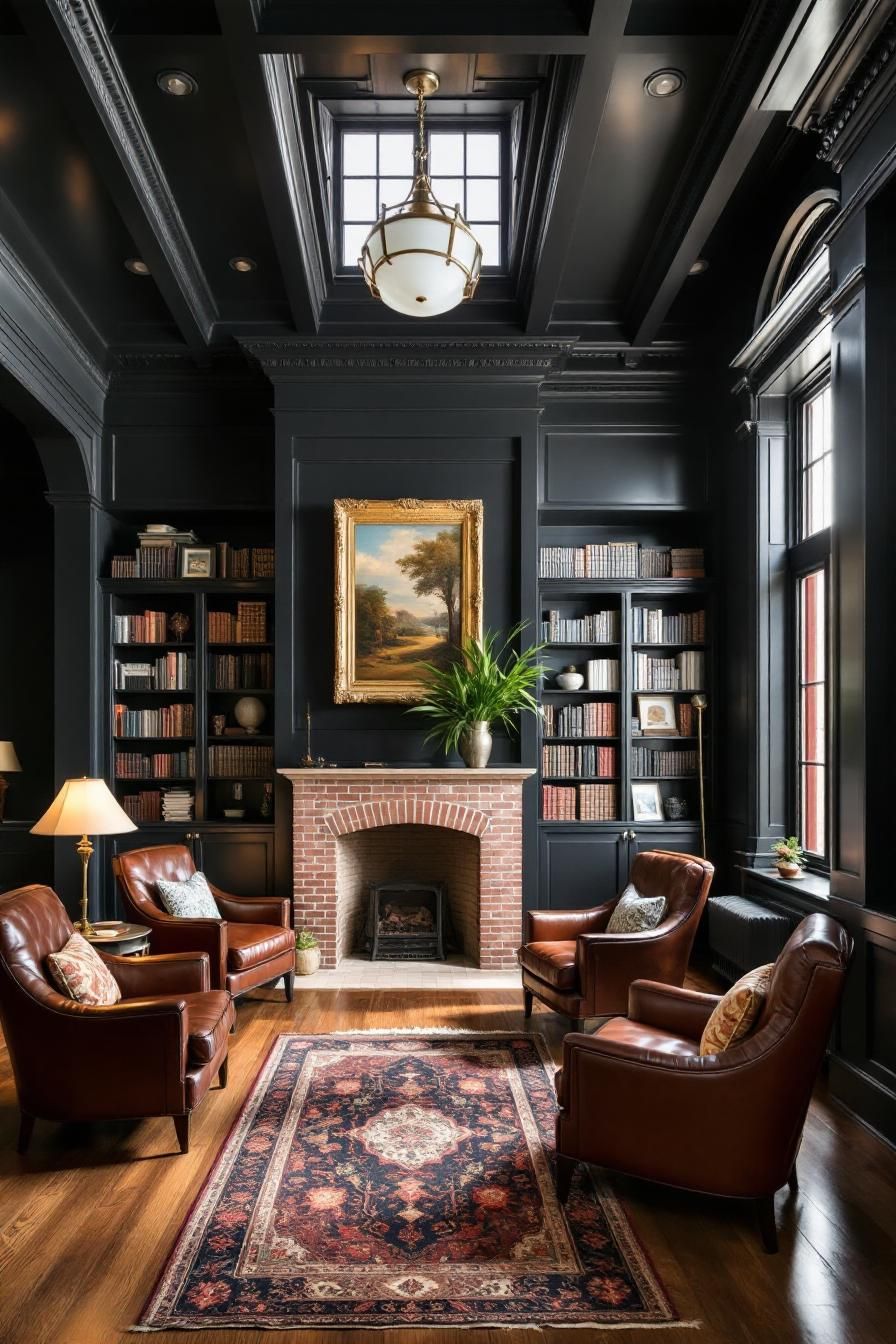 Elegant library room with dark wood and vintage decor