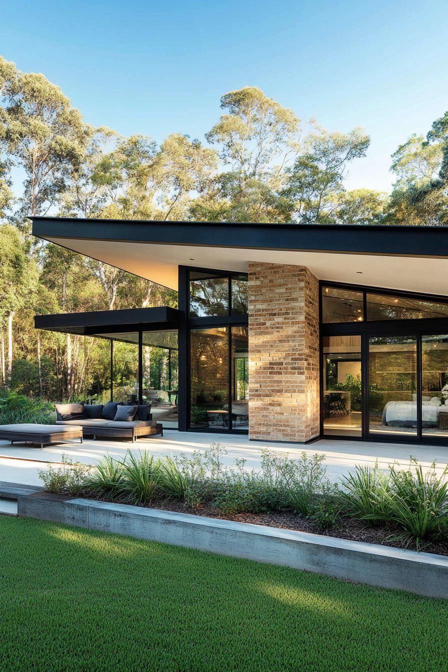 Modern house with slanted roof and brick accents