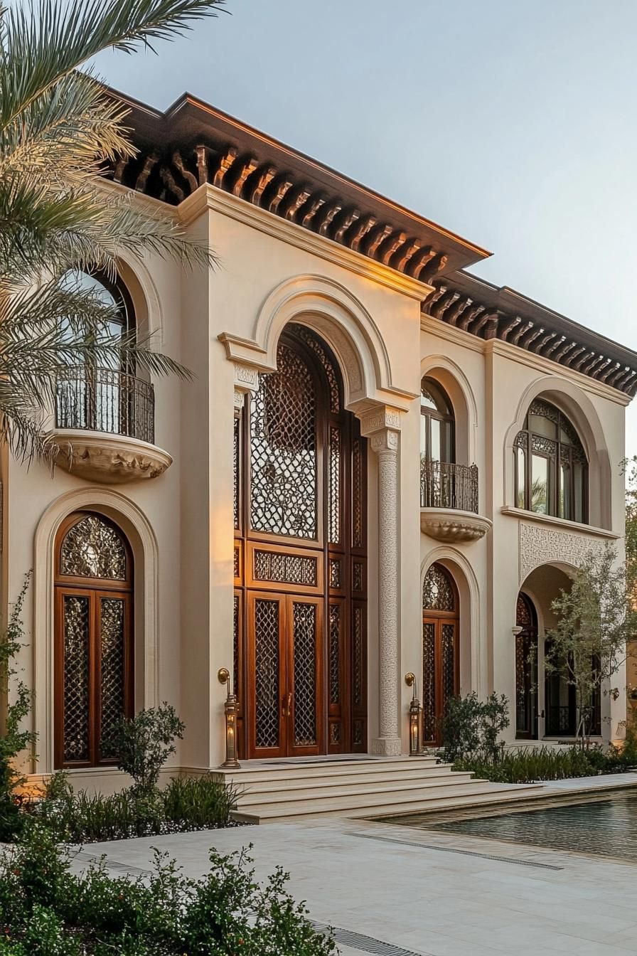 Elegant house facade with arches and palm trees