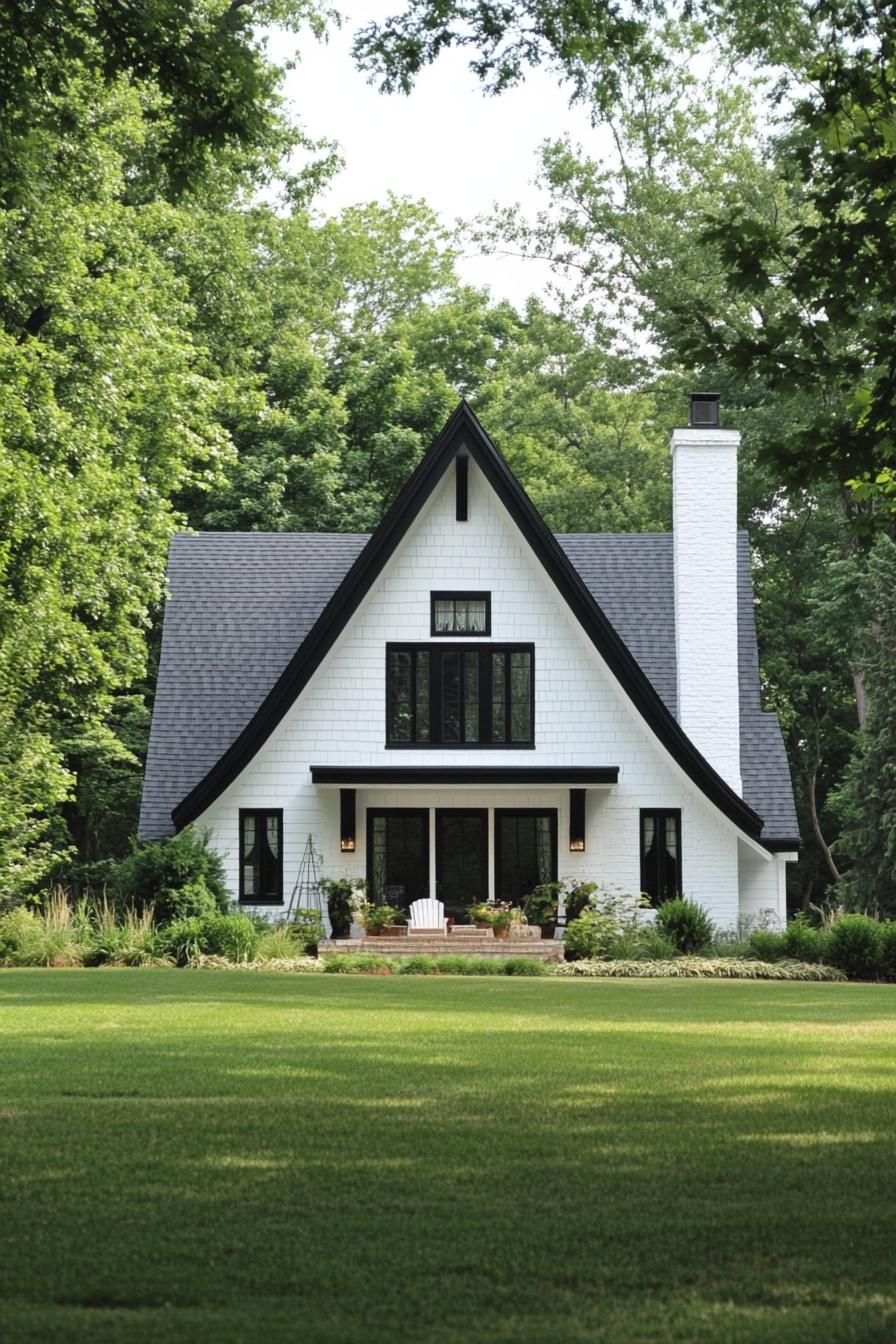 modern white house with black gabled roof andchimney large a frame front window large porch front yard landscaping with lawn and ornamental 3