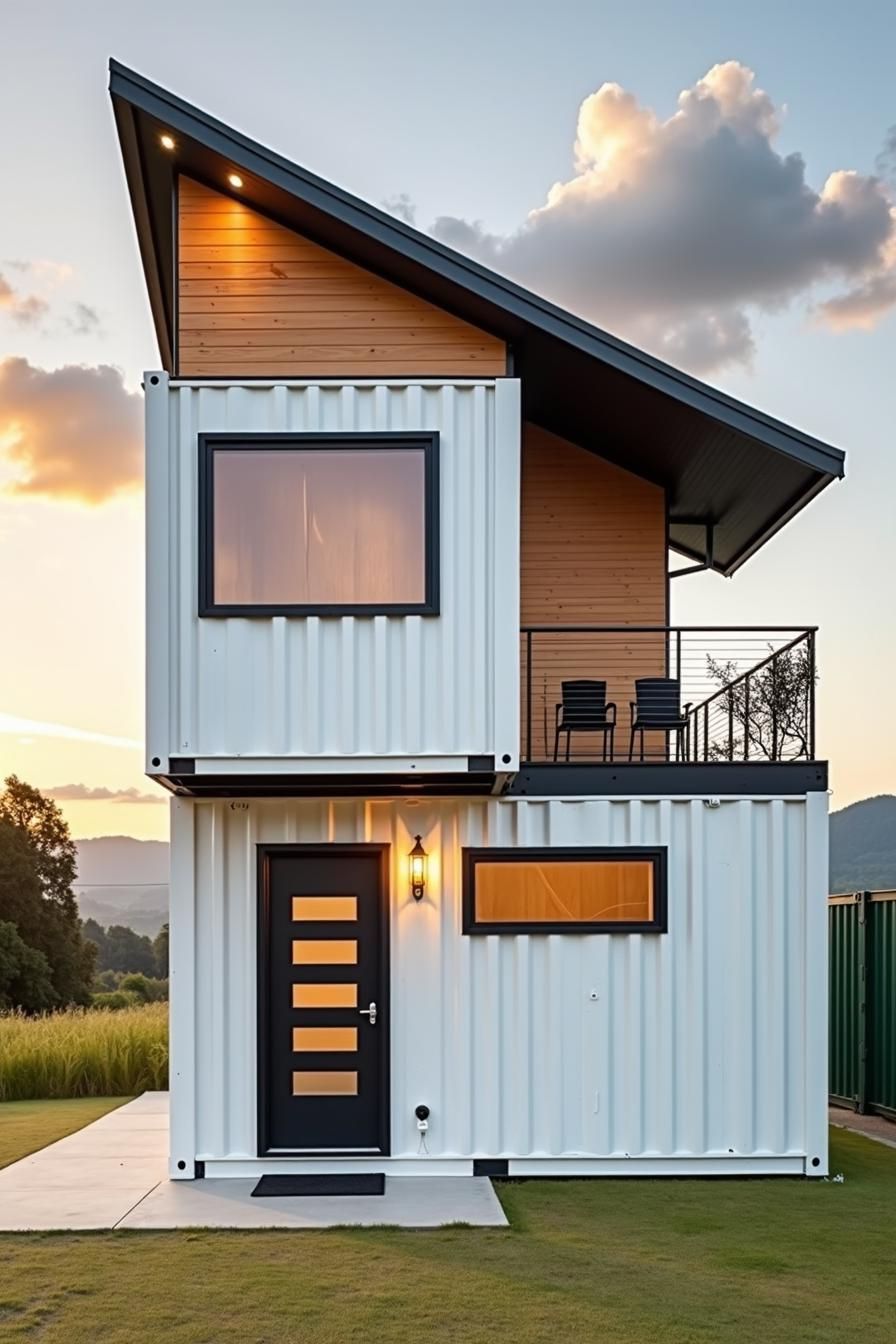 Two-story container house with a sloped roof and balcony