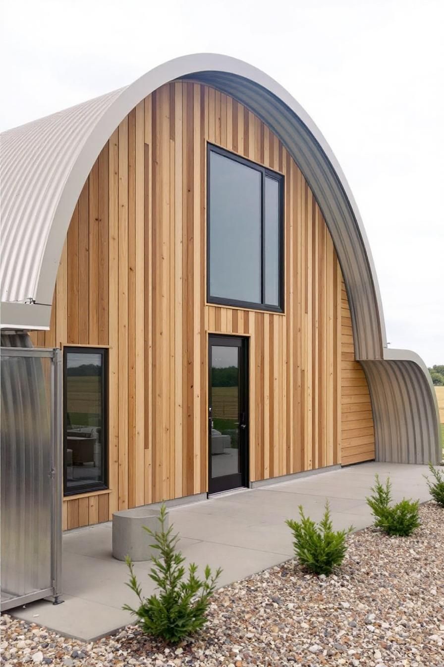 Wood-front Quonset hut with metal arch