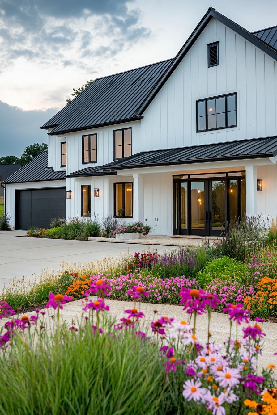 wide angle view of a large white shouse barndominium with black roof front porch garage doors and glass doors modern black windows front yard with