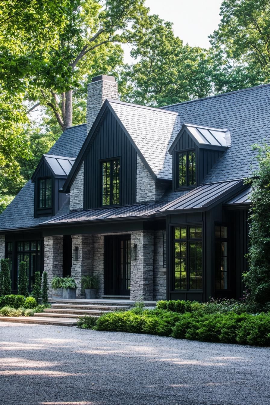 Sophisticated black house with stone accents surrounded by lush greenery