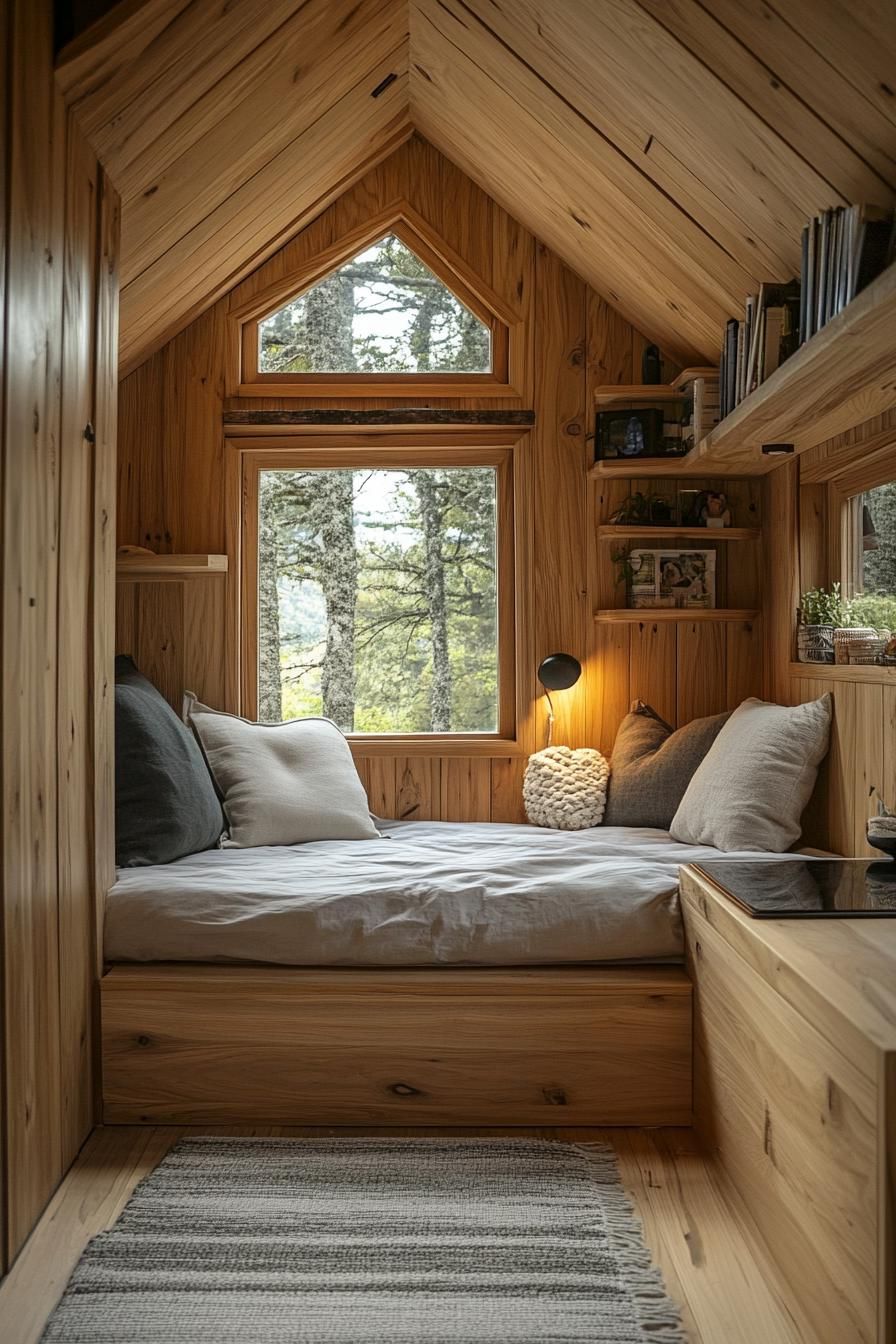 Compact cabin interior with a comfy bed