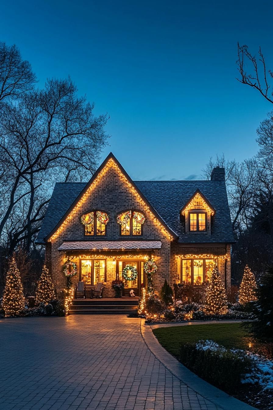 cottage house with grey brick siding multi pitched roof lined with string lights wreaths with fairy lights in each window large porch with 1