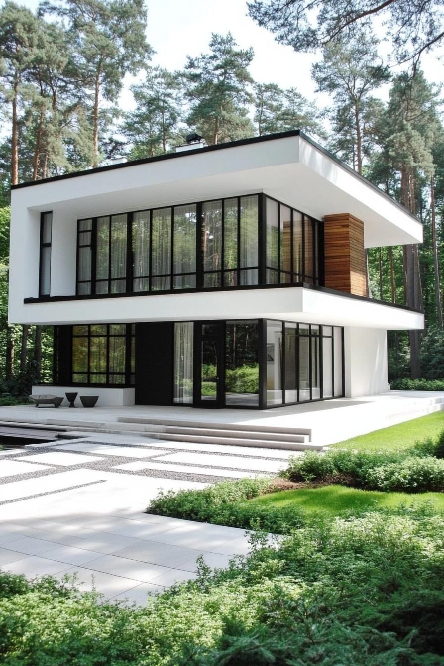 Sleek white house with black accents in nature