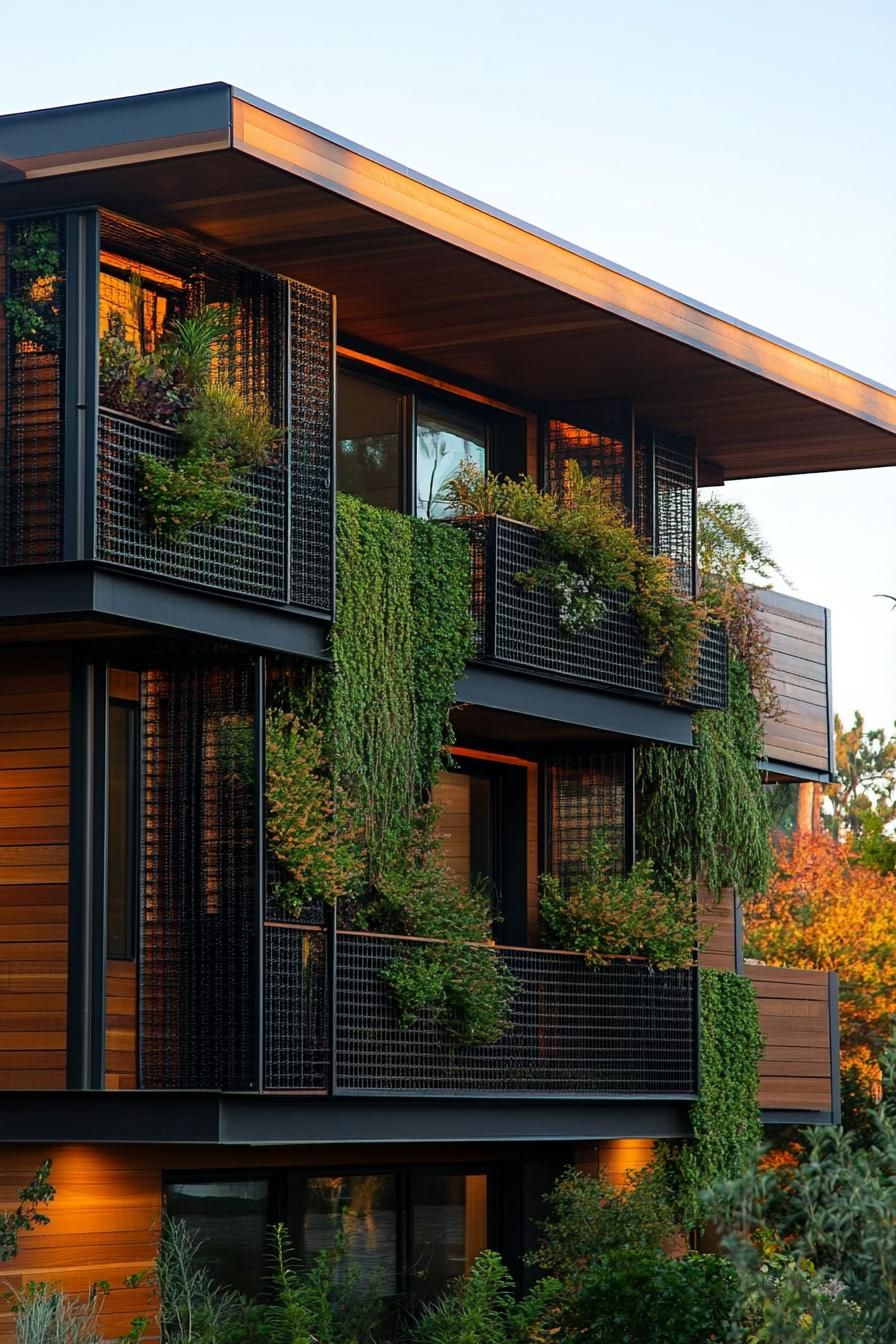 Wooden building facade with lush greenery