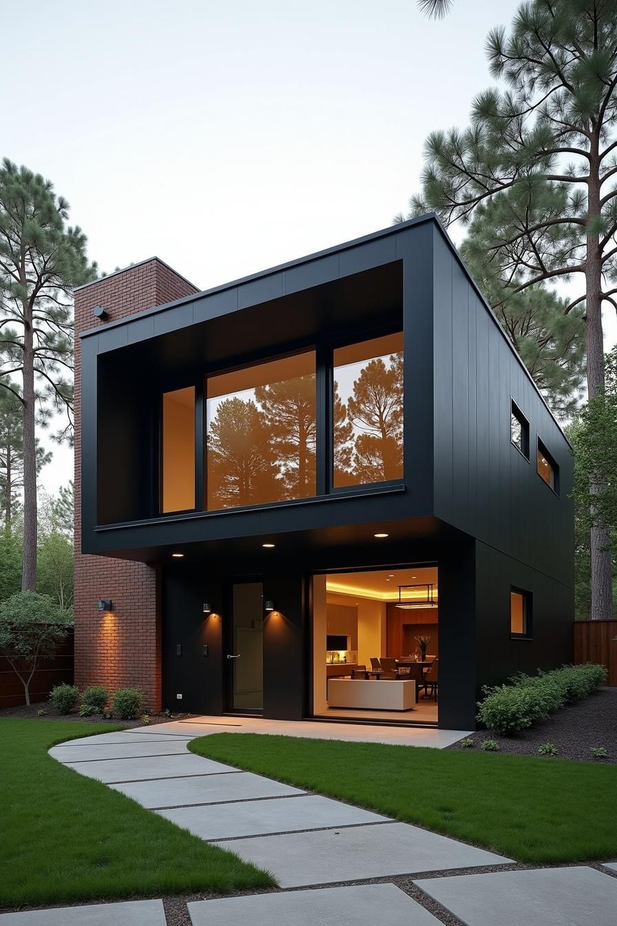 Modern black house with large windows against trees