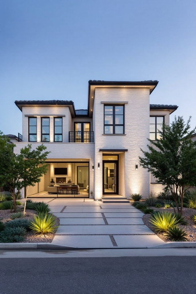 Modern two-story house with clean lines and lit pathways