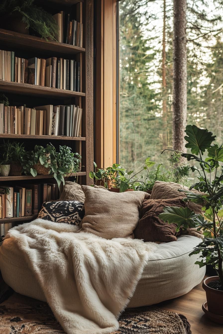 Reading nook with pillows and bookshelves by a window