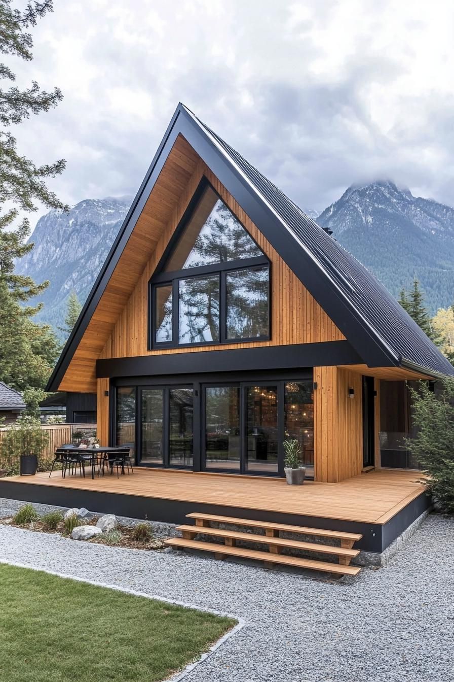 A-frame house with wooden exterior and large windows