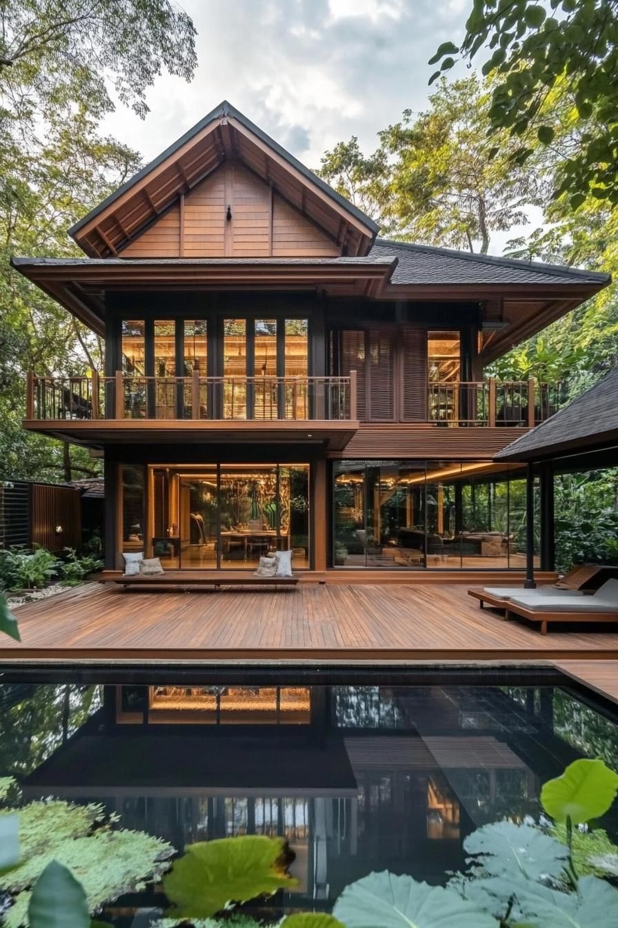 Modern Thai house with wooden design and a serene pool