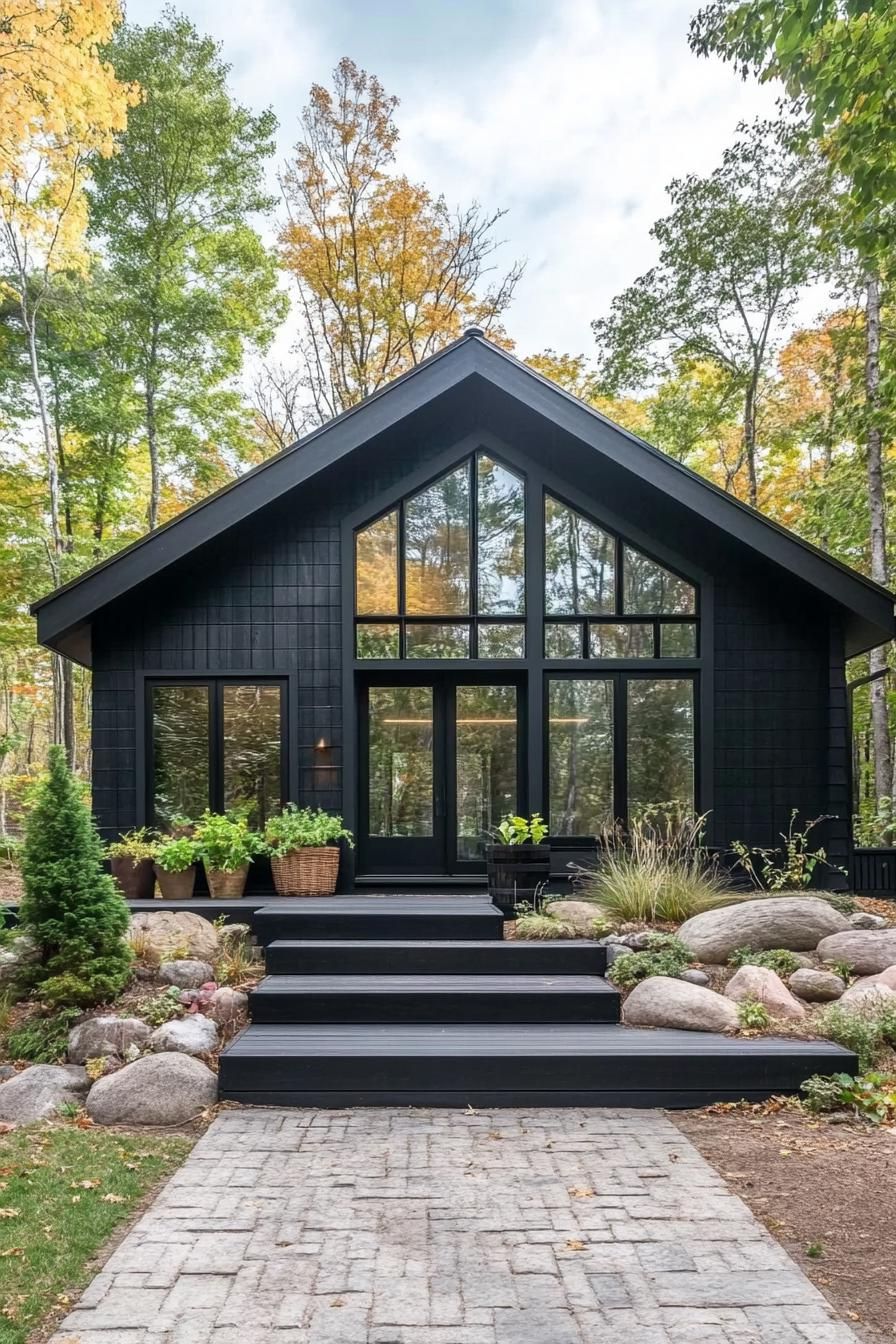 A dark, modern cabin amidst a forest setting