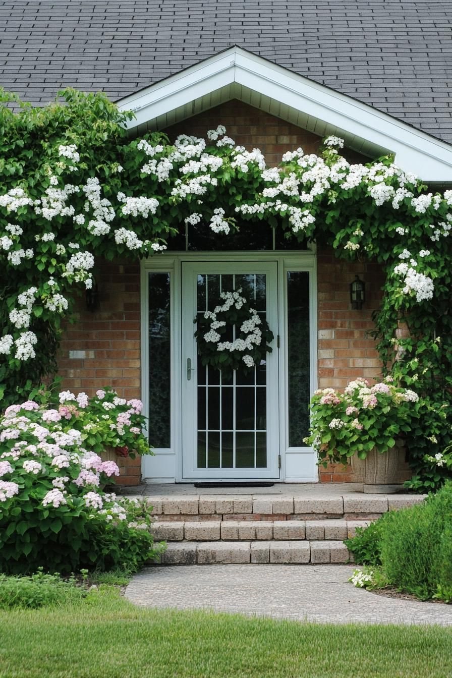 countryside brick cottage front porch with lush flower bushes and flower vines on facade modern door with glass panels 3