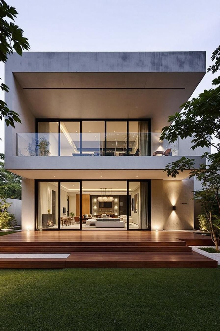 Modern Thai house with large glass doors and a wooden deck