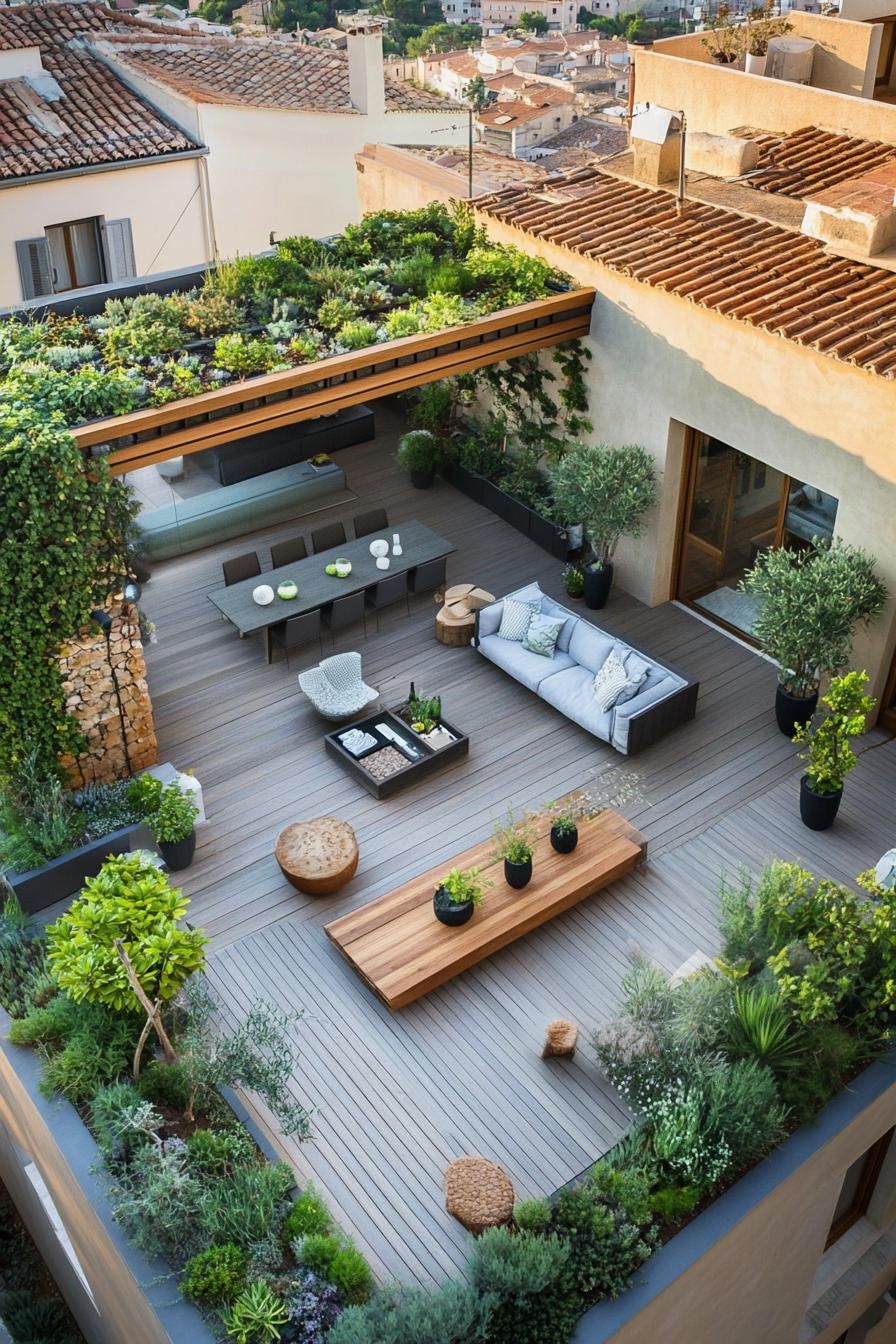 aerial view of a rooftop terrace with wooden deck potted mediterranean plants modern chic garden furniture mediterranean hilly village landscape 3