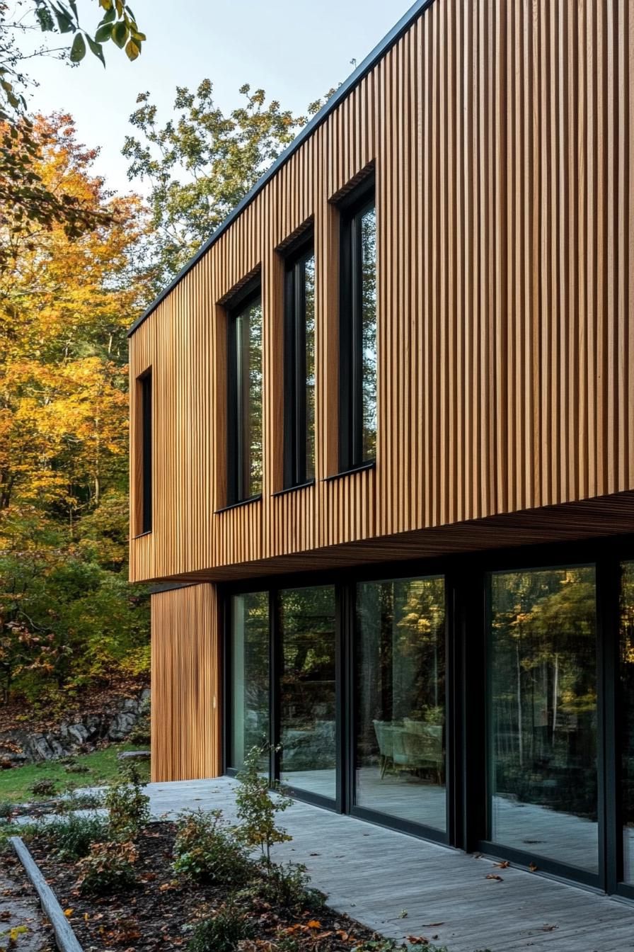 modern house facade with timber gladding and vertical wood slat panels 2