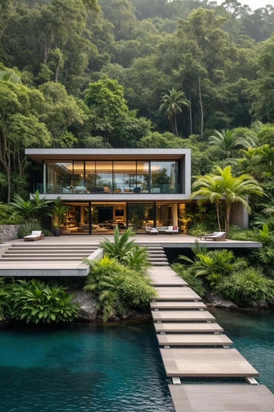 Modern tropical house surrounded by lush greenery